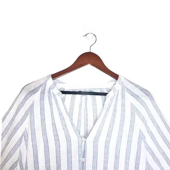 Rails Marti Cayman White/Blue Stripe Long Peasant Sleeve Linen Button Front Top - Picture 7 of 11